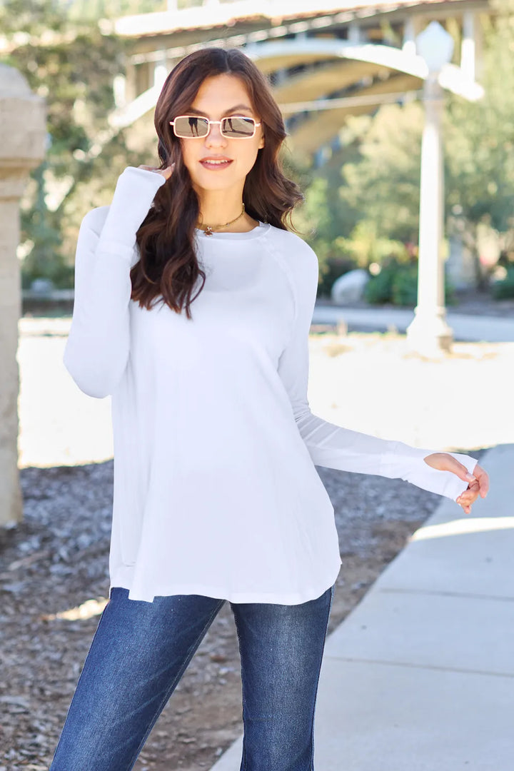 White Relaxed raglan long sleeve round neck tee