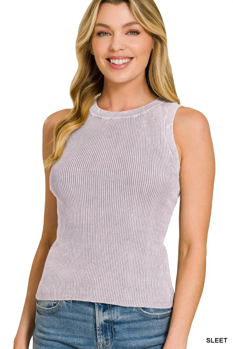 SLEET Washed ribbed knit fitted sleeveless tank top