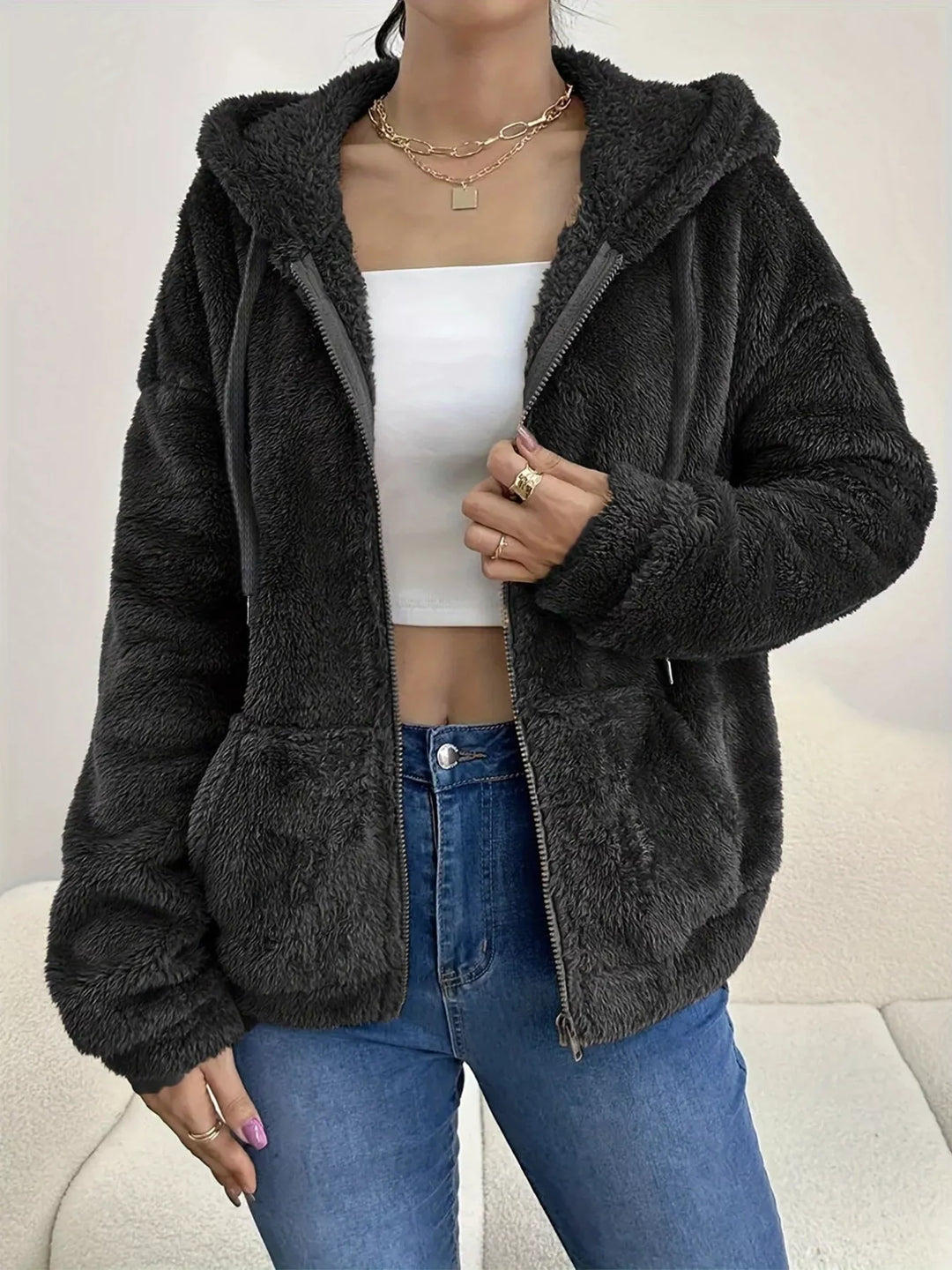 Black Fuzzy fleece hooded zip-up jacket with front pockets