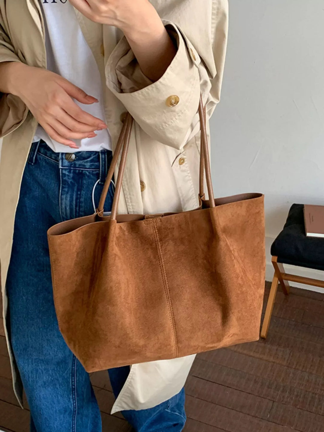 Oversized suede tote bag with slim shoulder straps