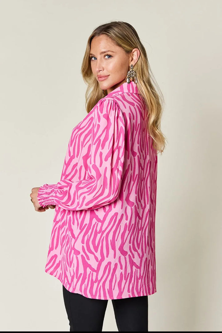 Zebra print smocked-cuff long sleeve blouse