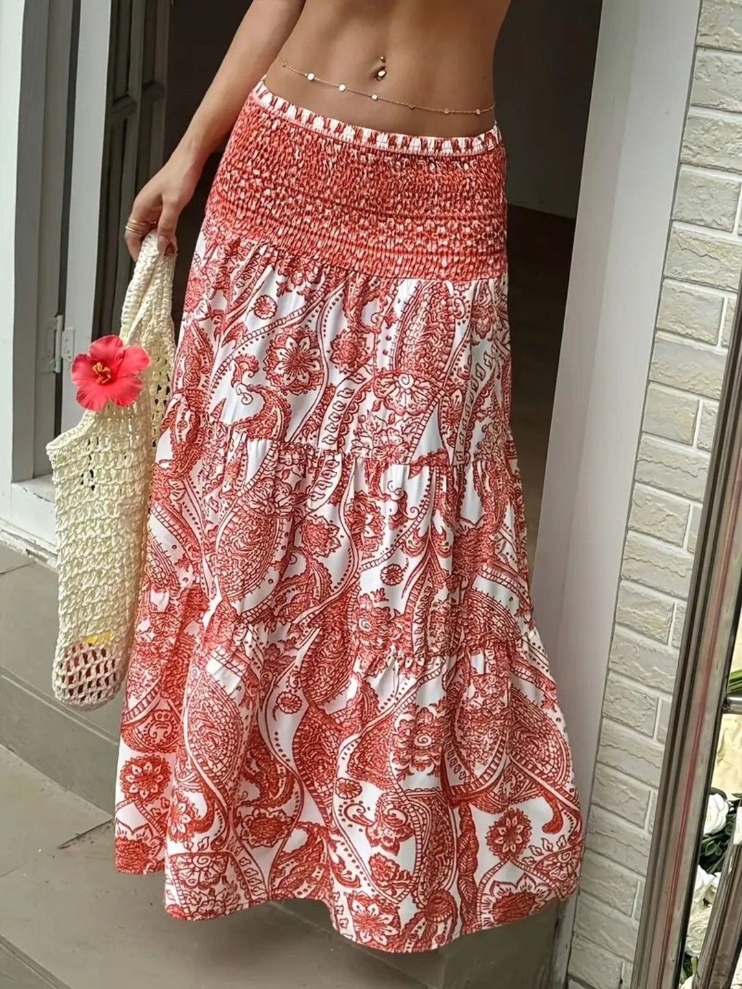 Paisley print maxi skirt with smocked waist