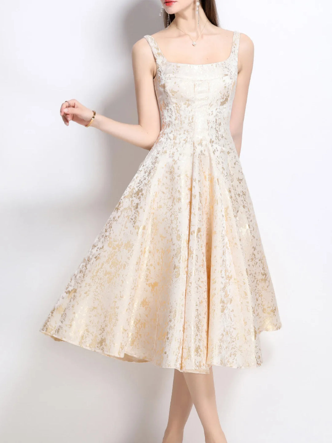 Apricot Square neck A-line midi dress with metallic shimmer print
