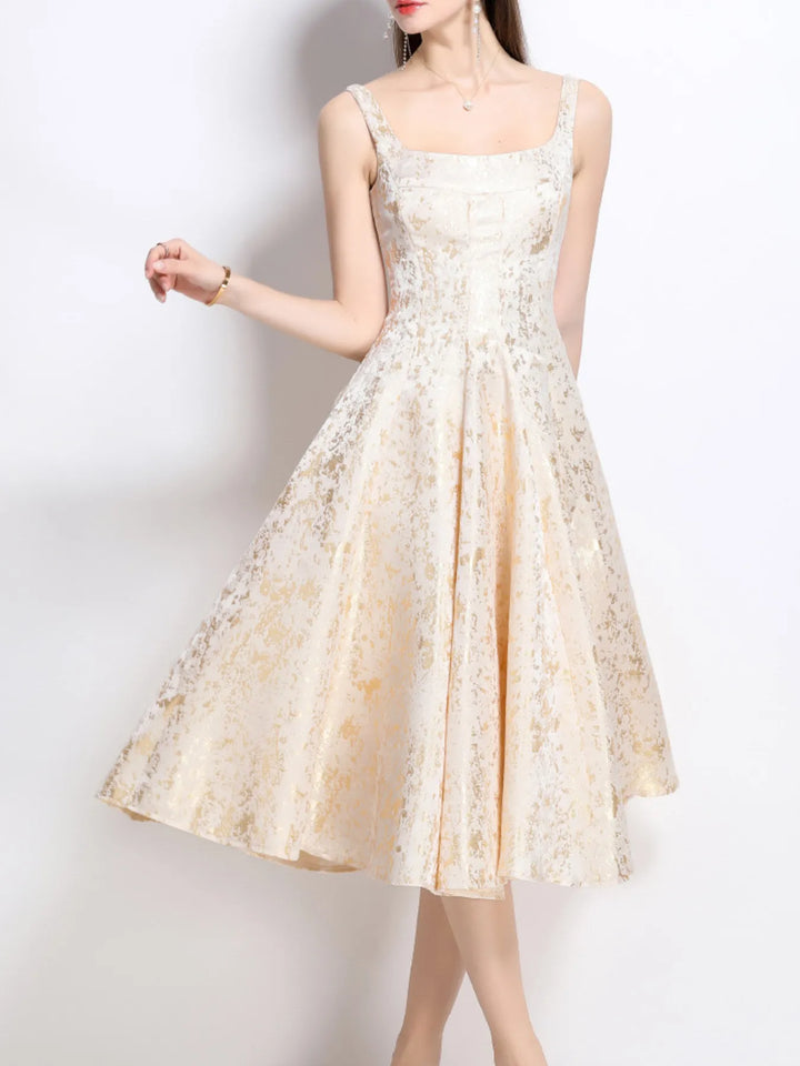 Apricot Square neck A-line midi dress with metallic shimmer print