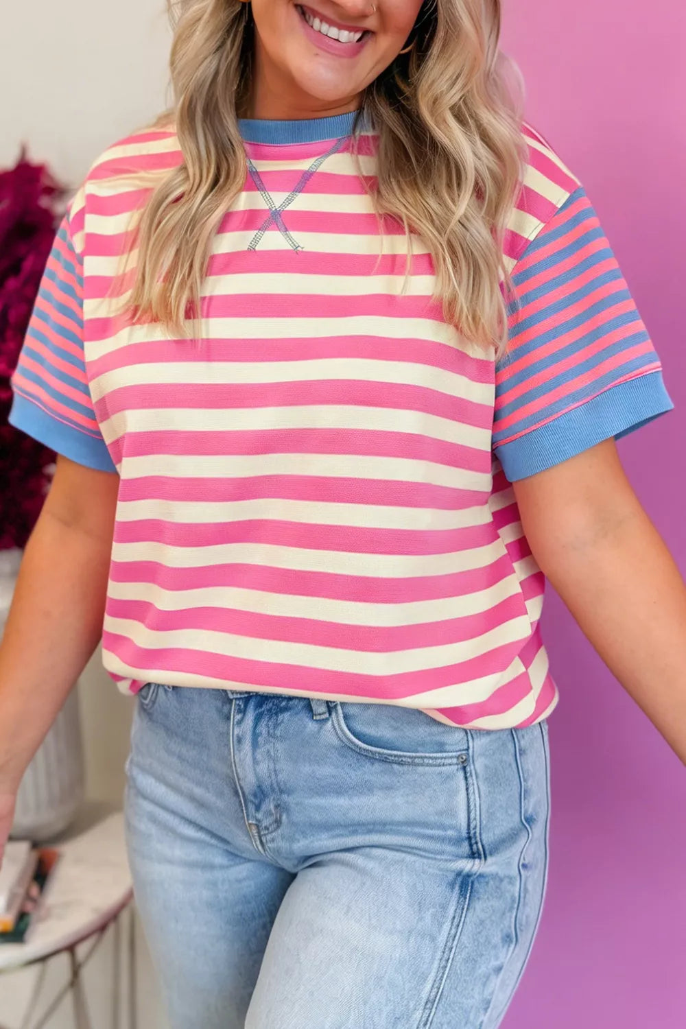 Striped colorblock short sleeve crew neck tee