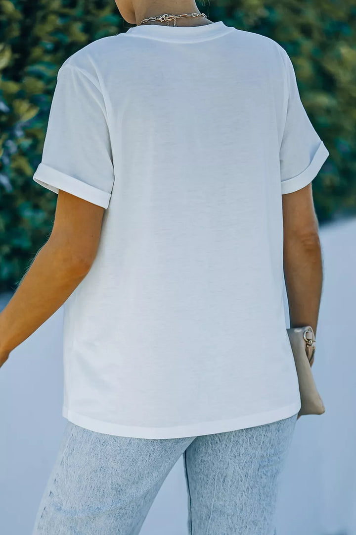 Rolled-sleeve crew neck tee with curved hem