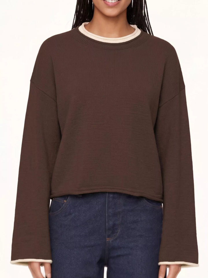Brown Drop shoulder crew neck sweater with contrast trim