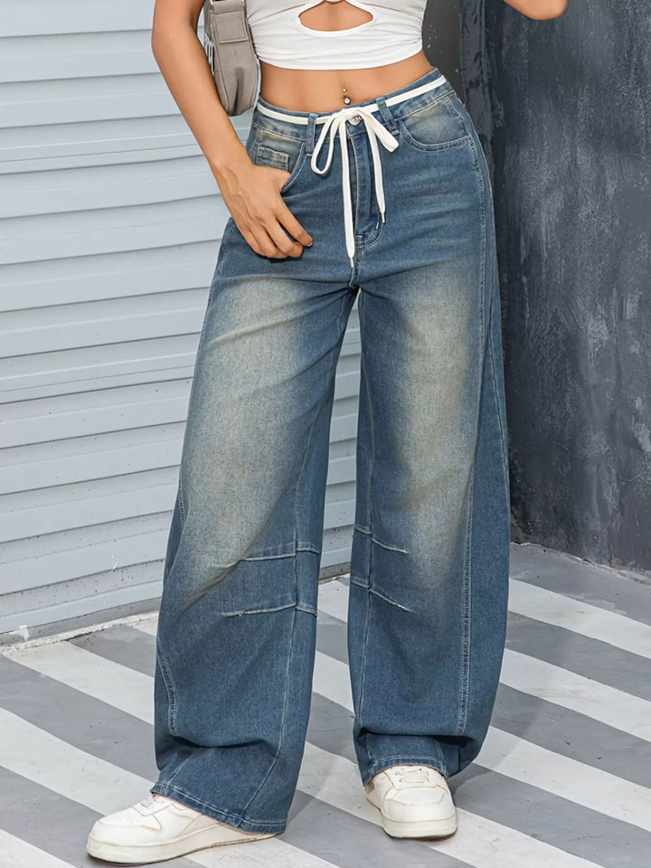Sea blue Vintage wash wide leg jeans with drawstring waist