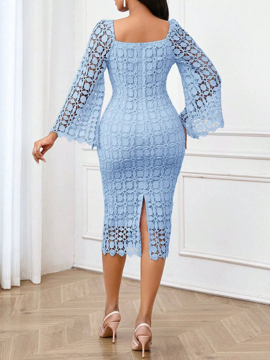 Floral lace bell-sleeve midi dress with square neck