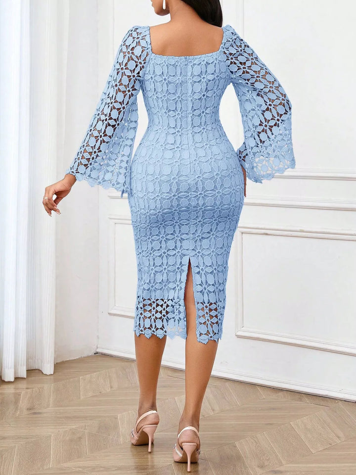 Floral lace bell-sleeve midi dress with square neck
