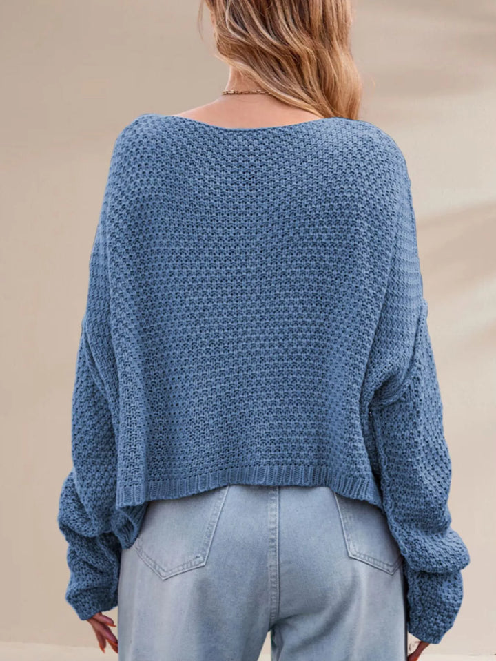 Cable knit drop shoulder sweater with boat neck