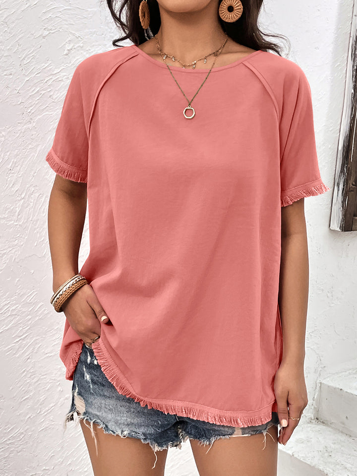 Coral Fringe-trim raglan sleeve round neck tunic top