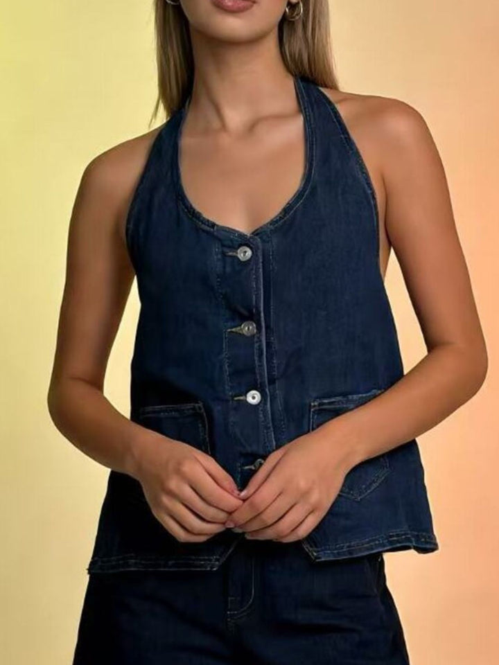 Dark Blue Halter neck button-down denim vest with patch pockets
