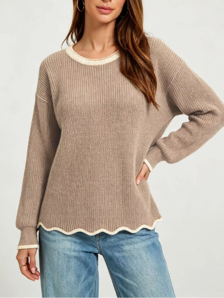 Scalloped hem ribbed knit sweater with contrast trim