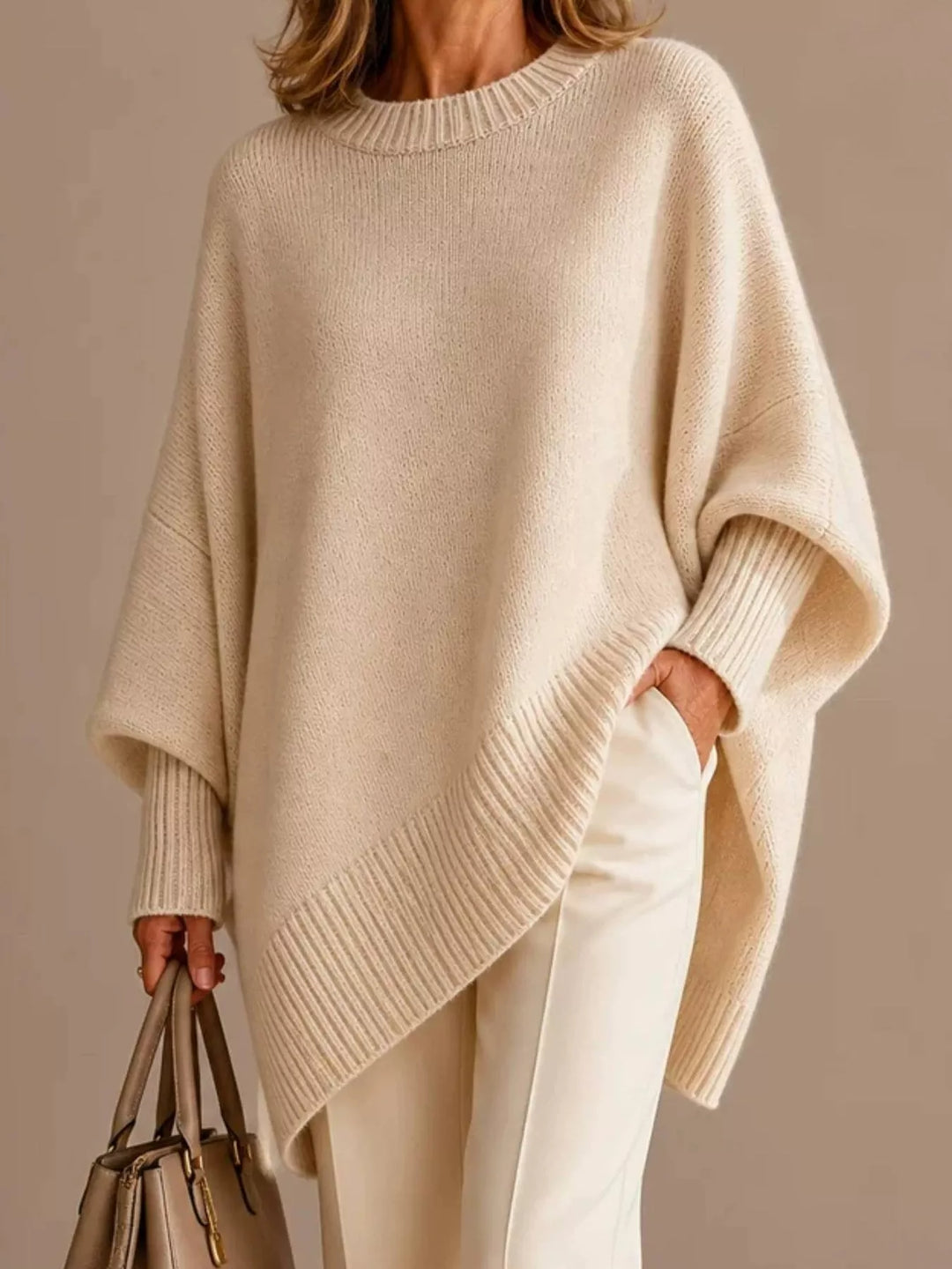 Apricot Batwing sleeve asymmetric hem oversized knit sweater