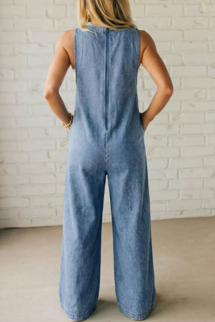 Acid wash pintuck tie V-neck wide-leg denim jumpsuit