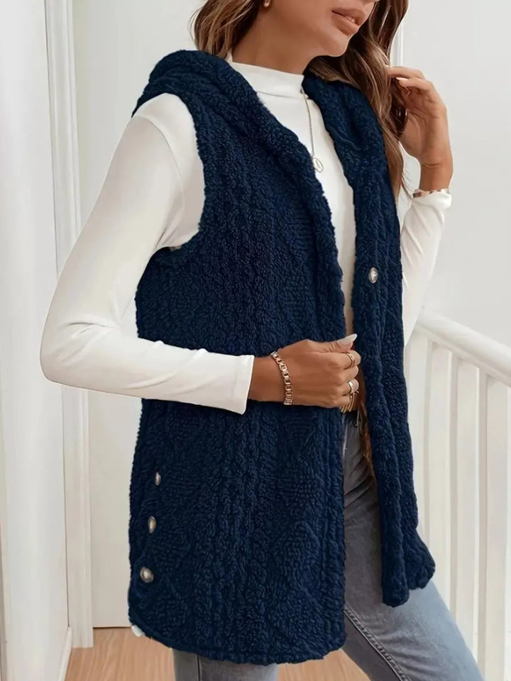 Textured sherpa hooded vest with button front