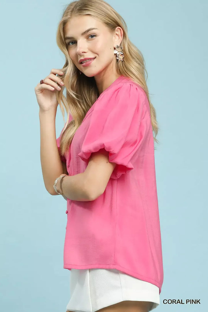 Puff sleeve V-neck button-front woven blouse