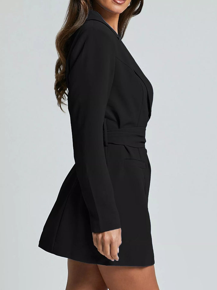 Tie-waist blazer dress with notch lapel and side slit
