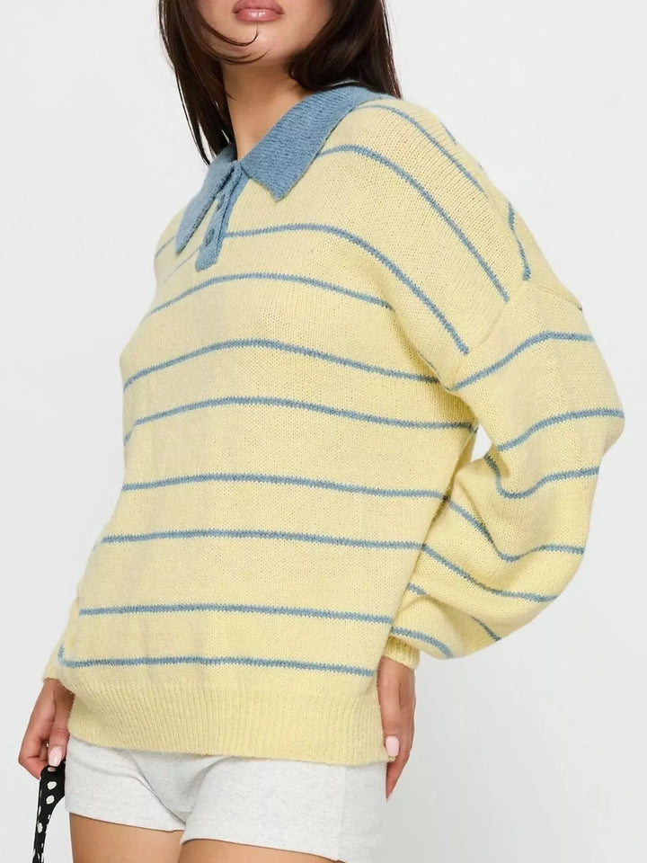 Relaxed striped knit polo sweater with contrast collar