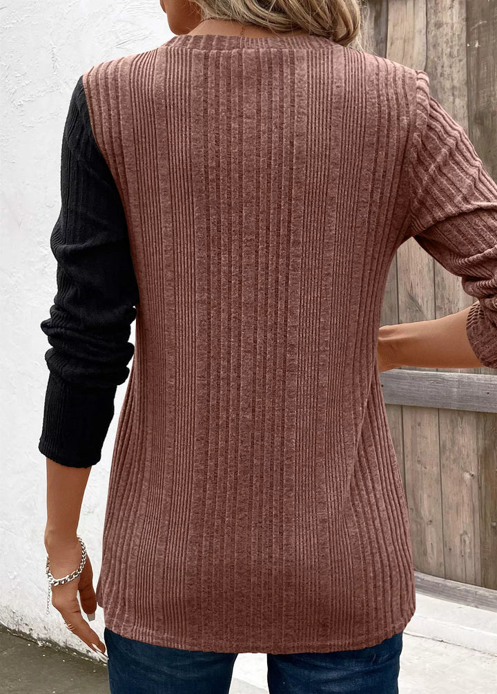 Color block ribbed knit long sleeve button top