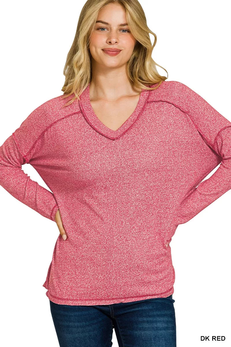 DK RED Exposed seam hi-low melange knit long sleeve top