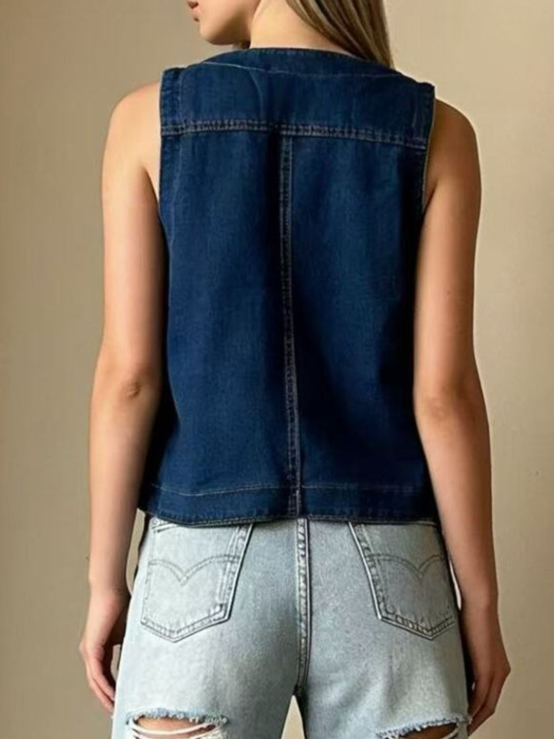 Button-down denim vest with patch pockets