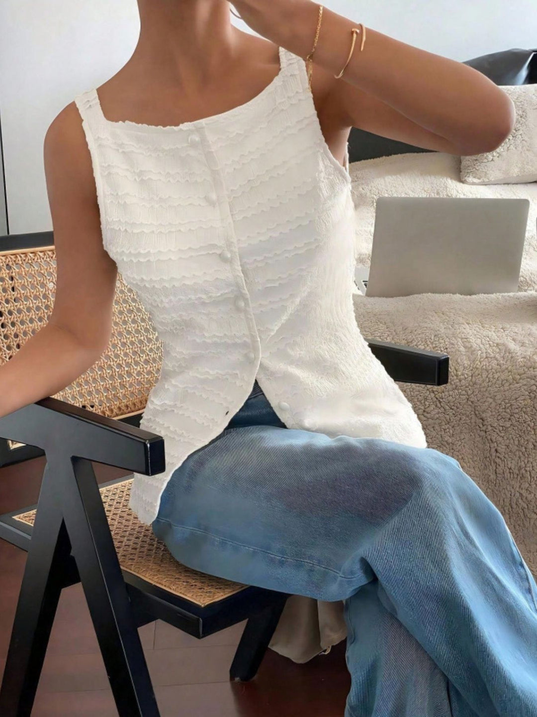 Textured button-front tank with square neck and split hem