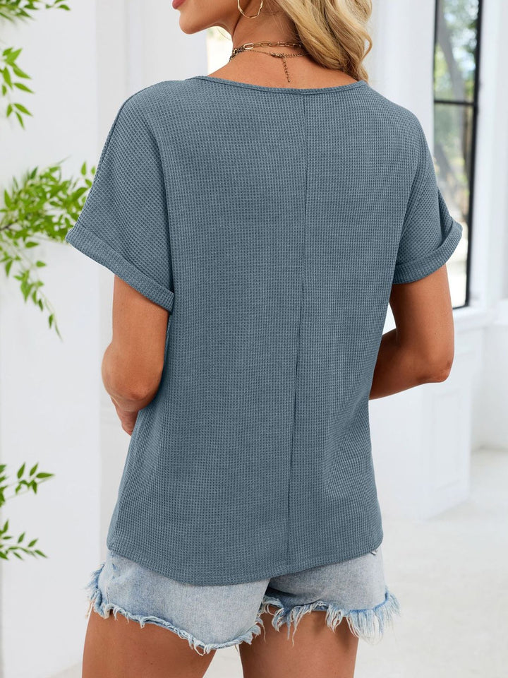 Waffle knit top with lace inset yoke and cuffed sleeves