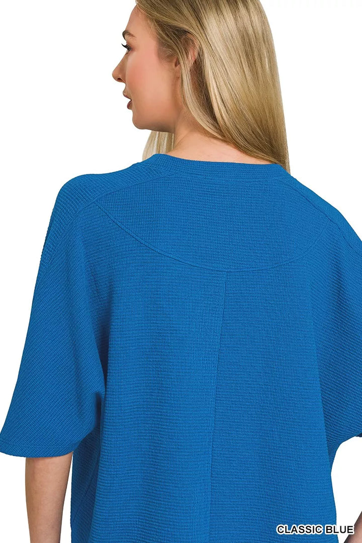 Waffle knit boxy short sleeve top with drop shoulders