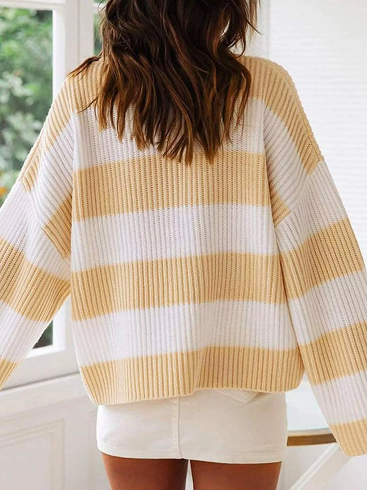 Oversized striped ribbed knit crew neck sweater