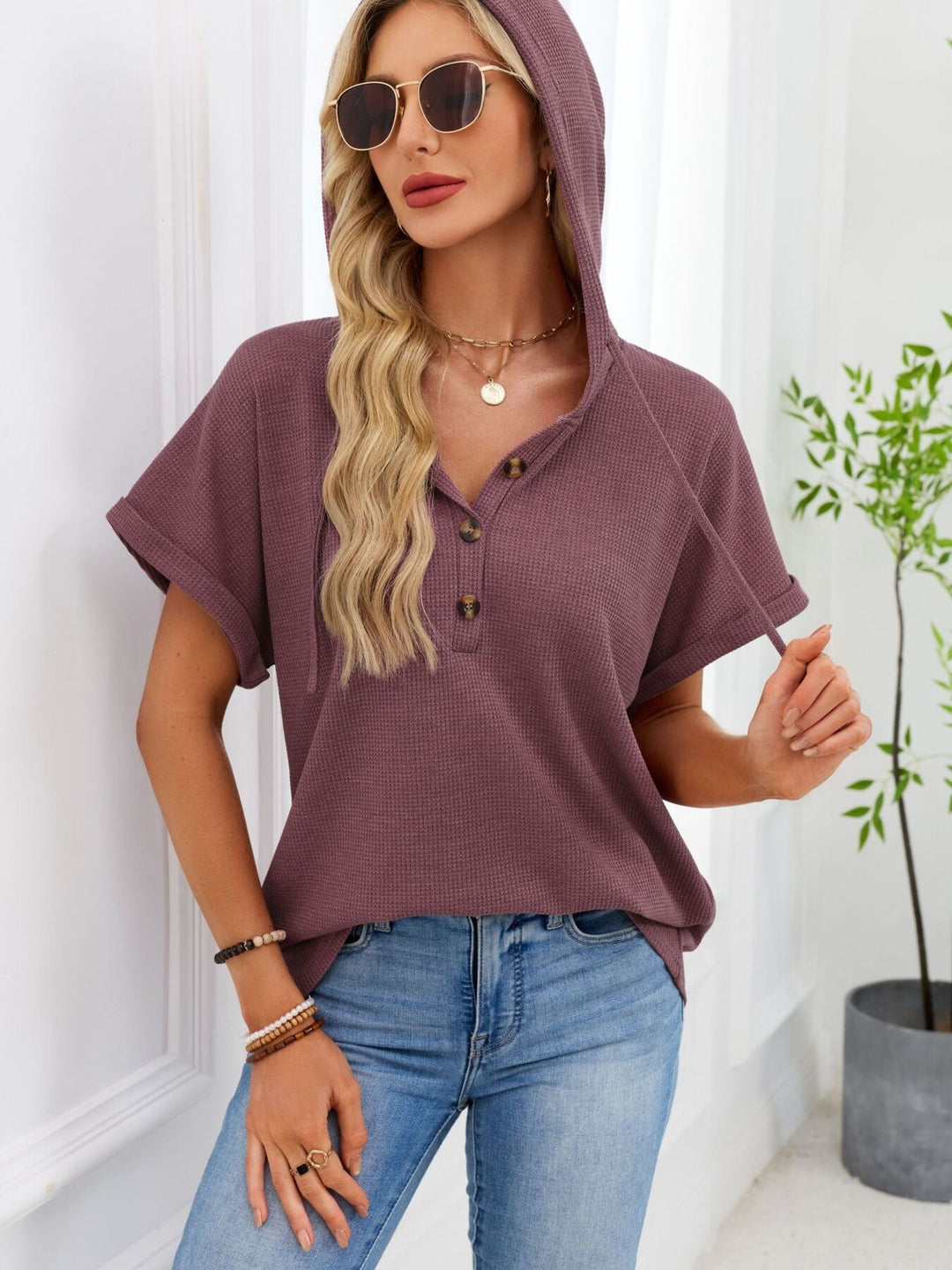 Waffle knit short-sleeve hoodie with button placket