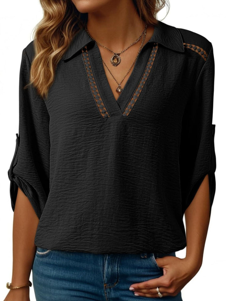 Johnny collar blouse with crochet lace trim and roll-tab sleeves