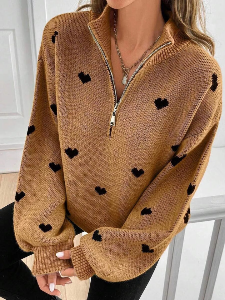 Heart print half-zip mock neck sweater with drop shoulders