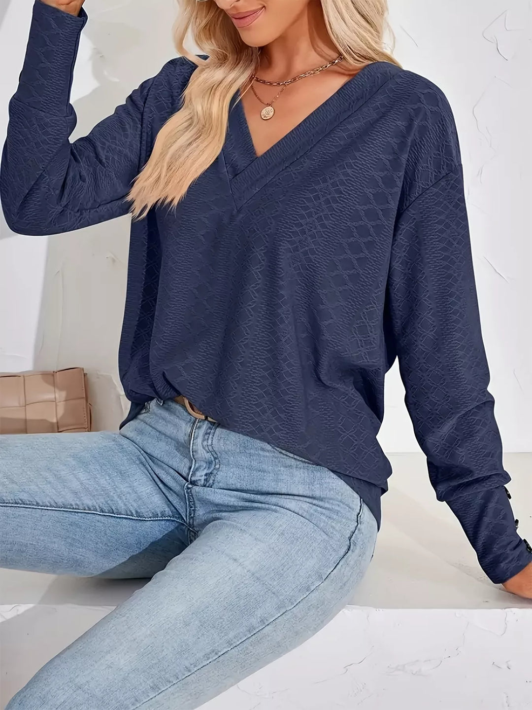 Navy Blue Plus size textured V-neck long sleeve top with button cuffs