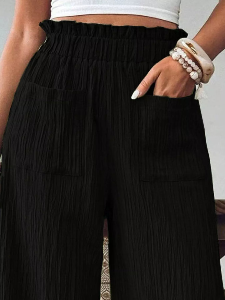 Crinkle ruched high-waist wide leg pants with pockets