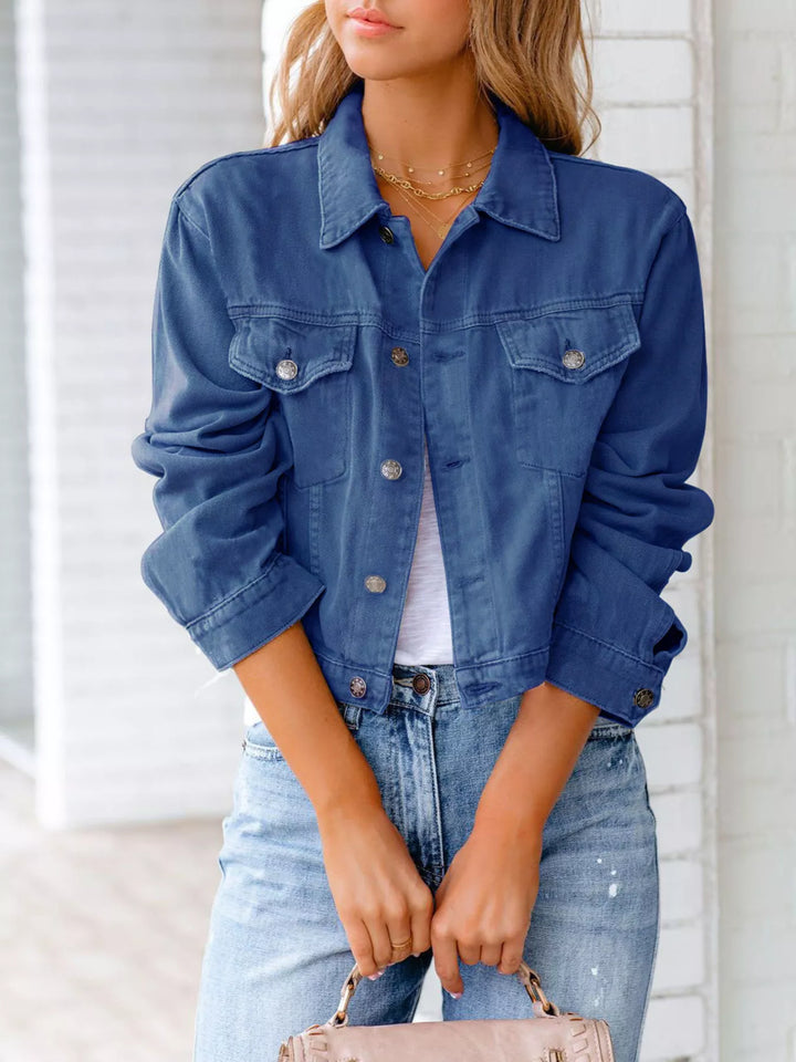 Dark Blue Cropped button-up denim jacket with chest pockets