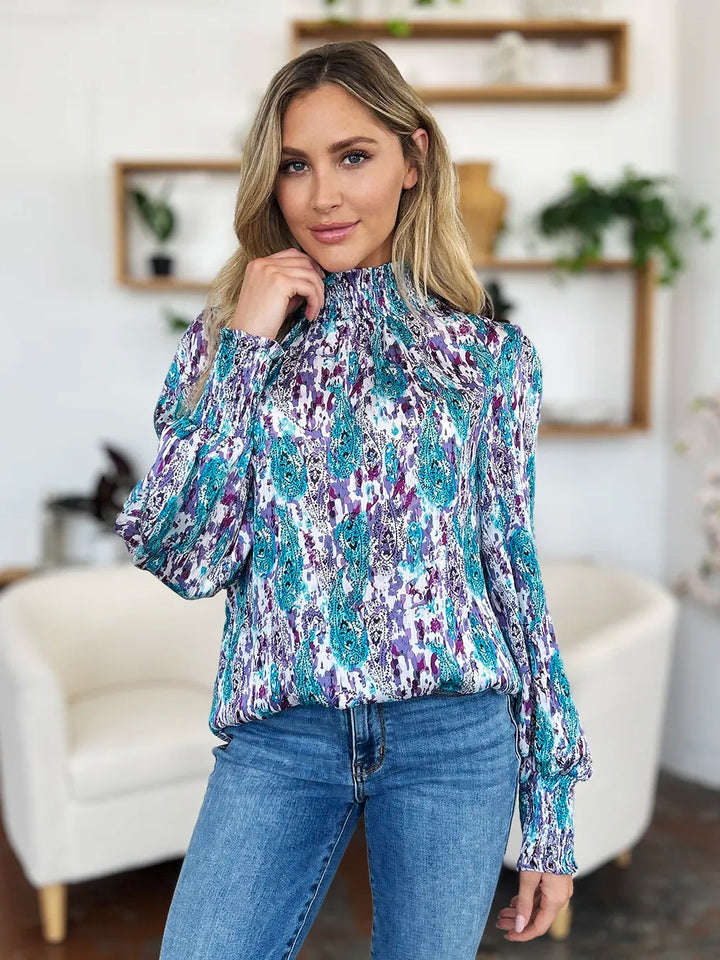 Printed smocked frill mock neck long sleeve blouse