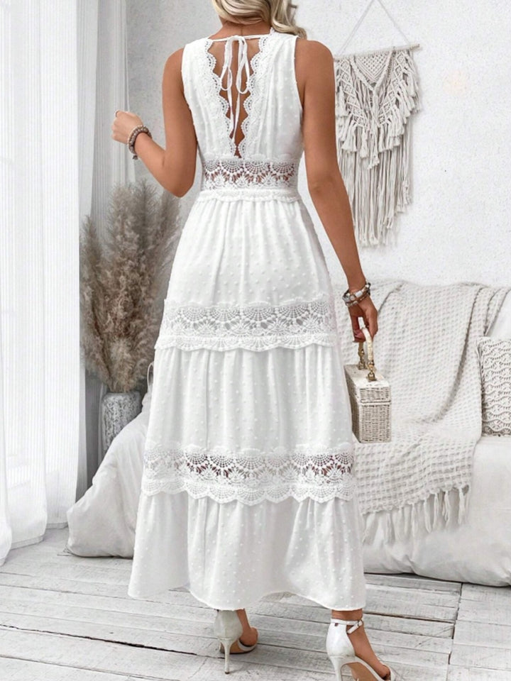 Sleeveless swiss dot tiered maxi dress with lace trim