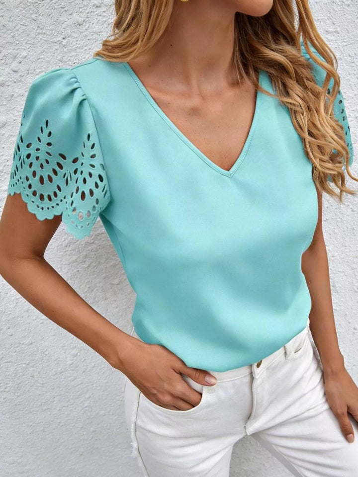 Pastel  Blue V-neck blouse with eyelet cutout scalloped sleeves
