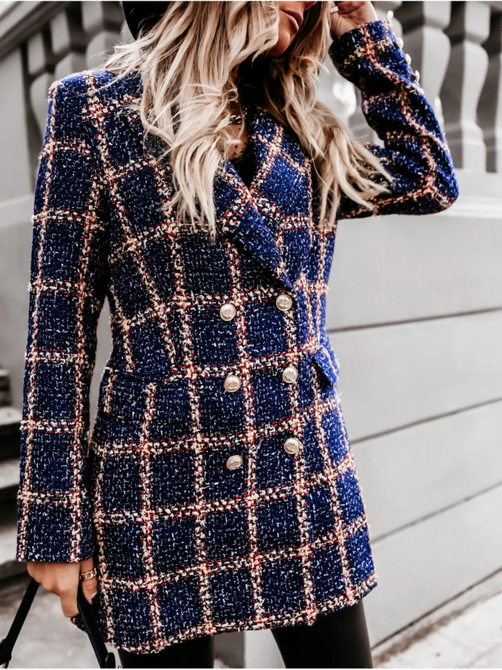 Navy Houndstooth tweed double-breasted blazer coat with gold buttons