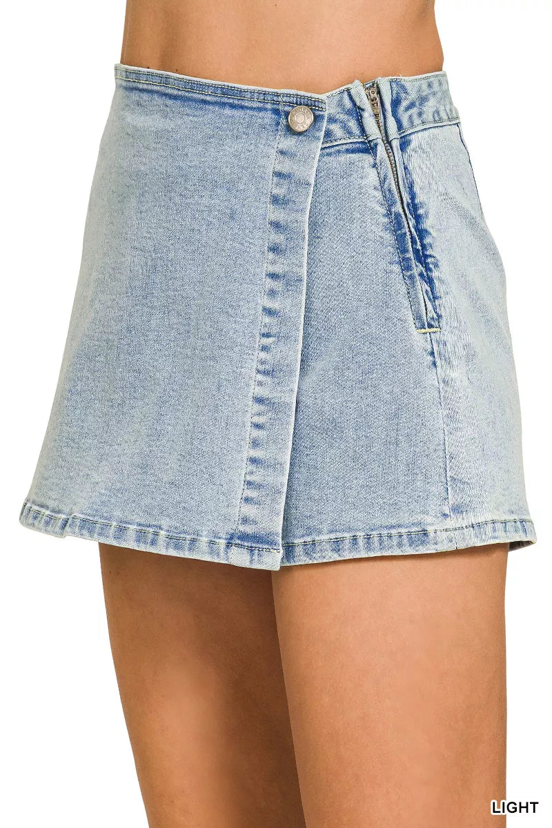 Wrap front denim mini skort with button closure