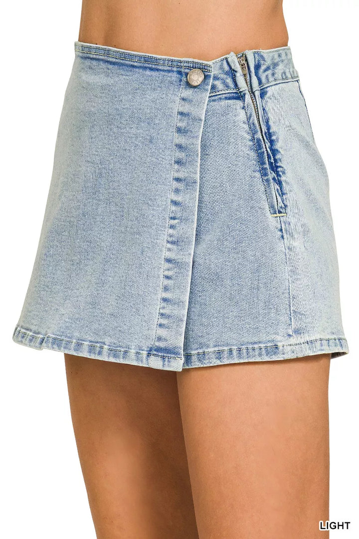 Wrap front denim mini skort with button closure
