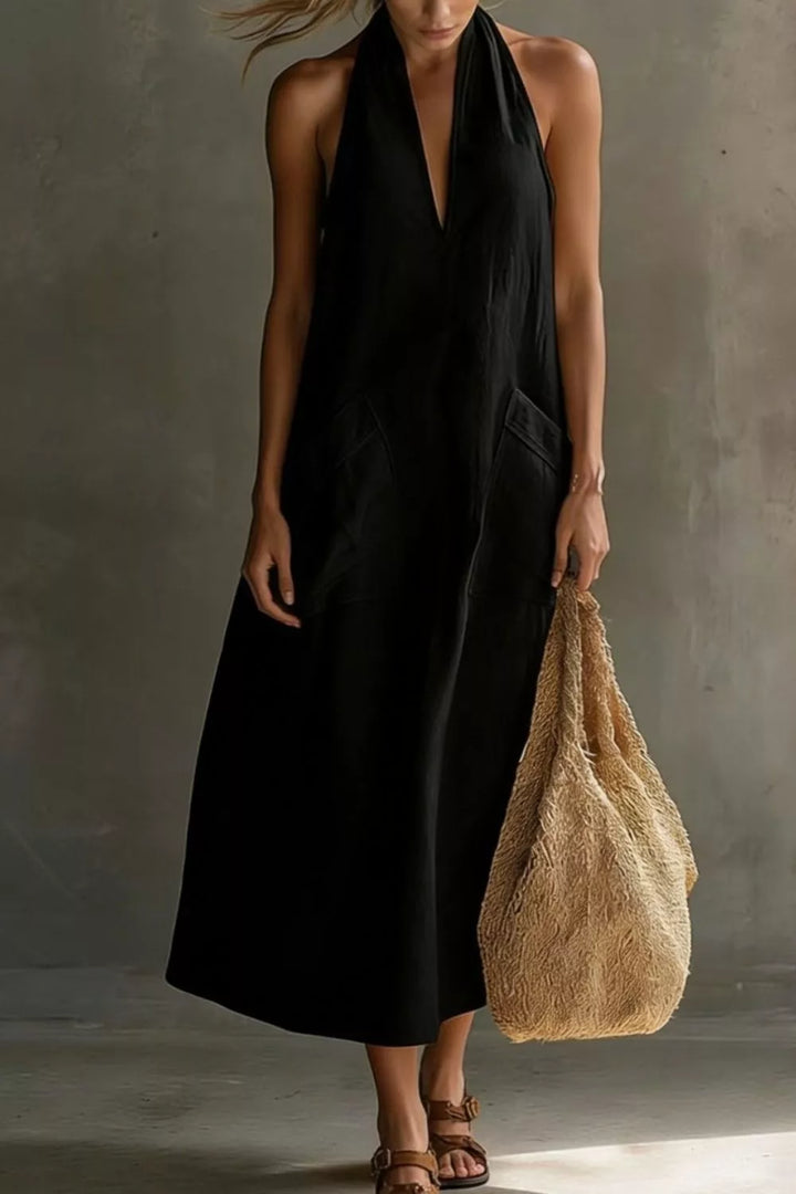 Relaxed halter neck midi dress with patch pockets