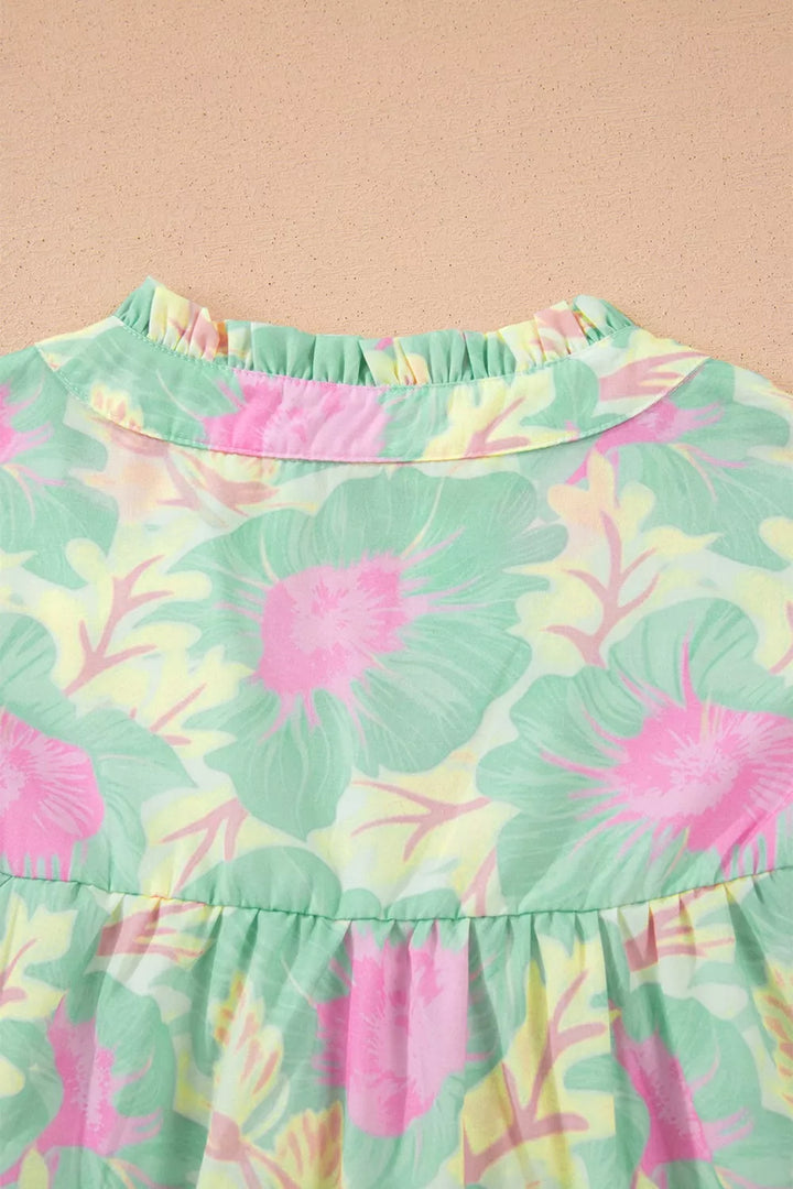 Floral print puff sleeve blouse with split neck