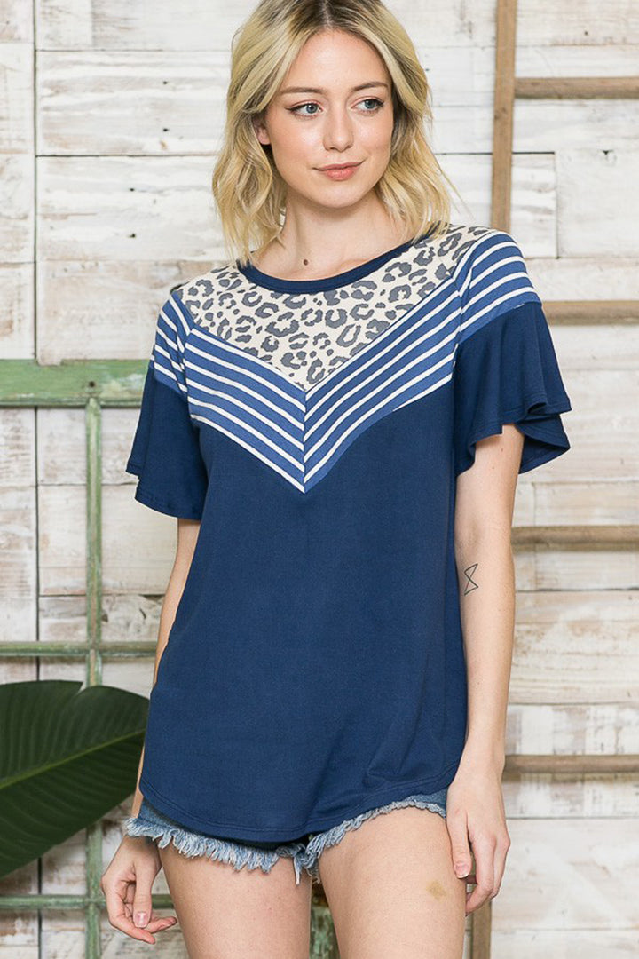 Florencia Ruffle Sleeve Contrast Pattern Knit Top