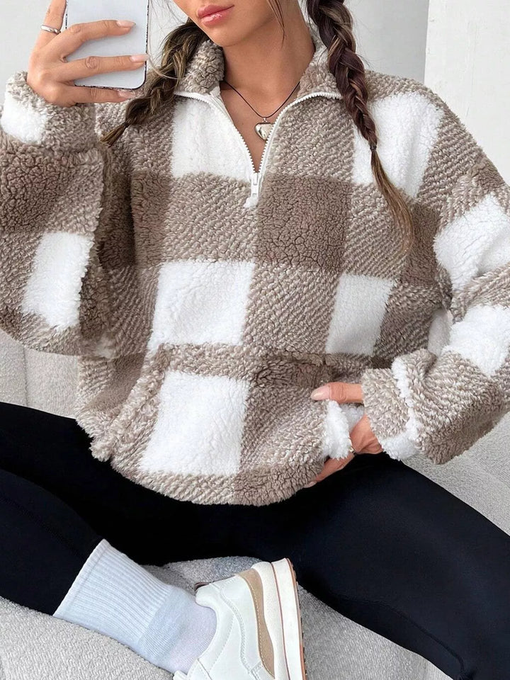 Brown Plaid sherpa quarter-zip pullover with front pocket