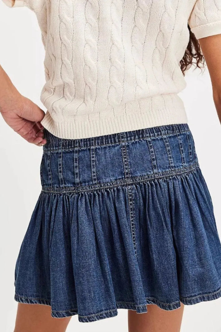 Button-front ruffled mini denim skirt with drawstring waist