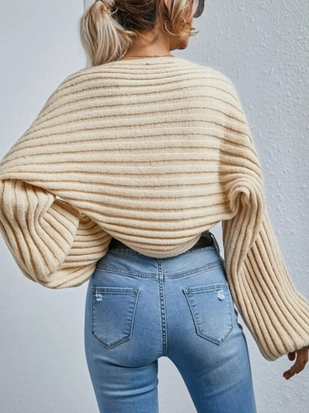 Cropped ribbed knit shrug cardigan with balloon sleeves