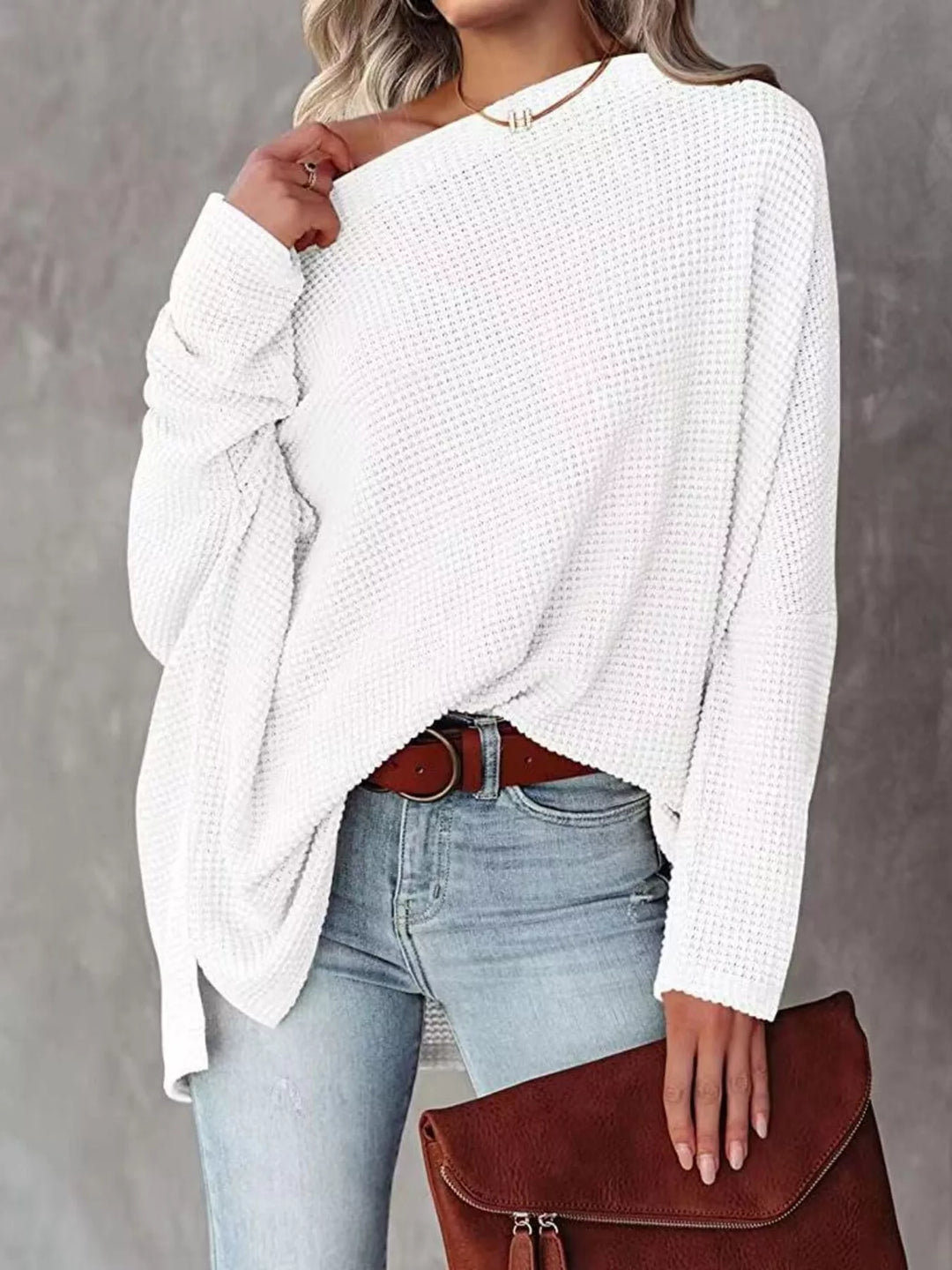 Oversized waffle-knit boat neck long sleeve top